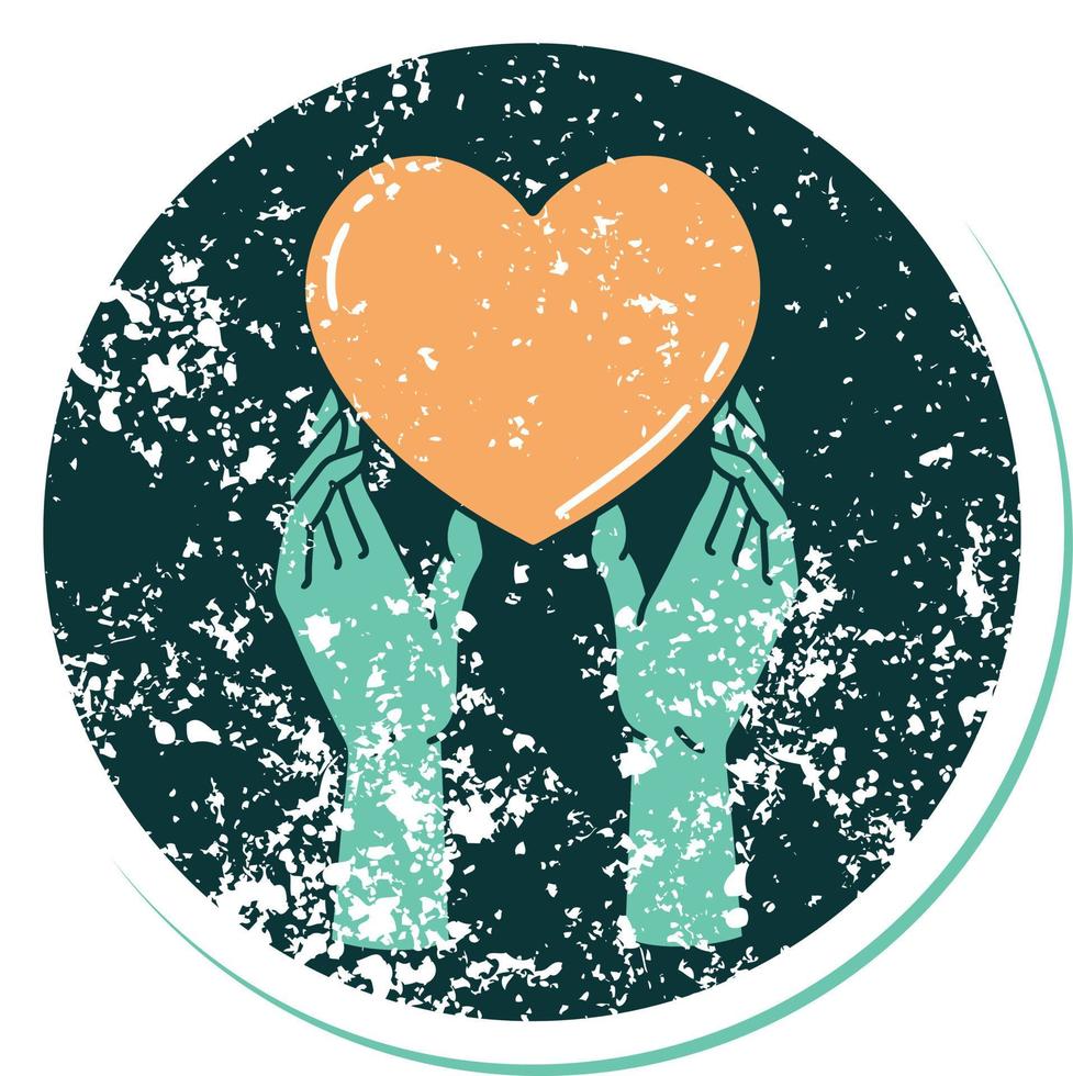 iconic distressed sticker tattoo style image of hands reaching for a heart vector