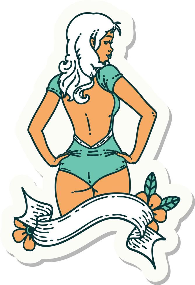 sticker of tattoo in traditional style of a pinup swimsuit girl with banner vector