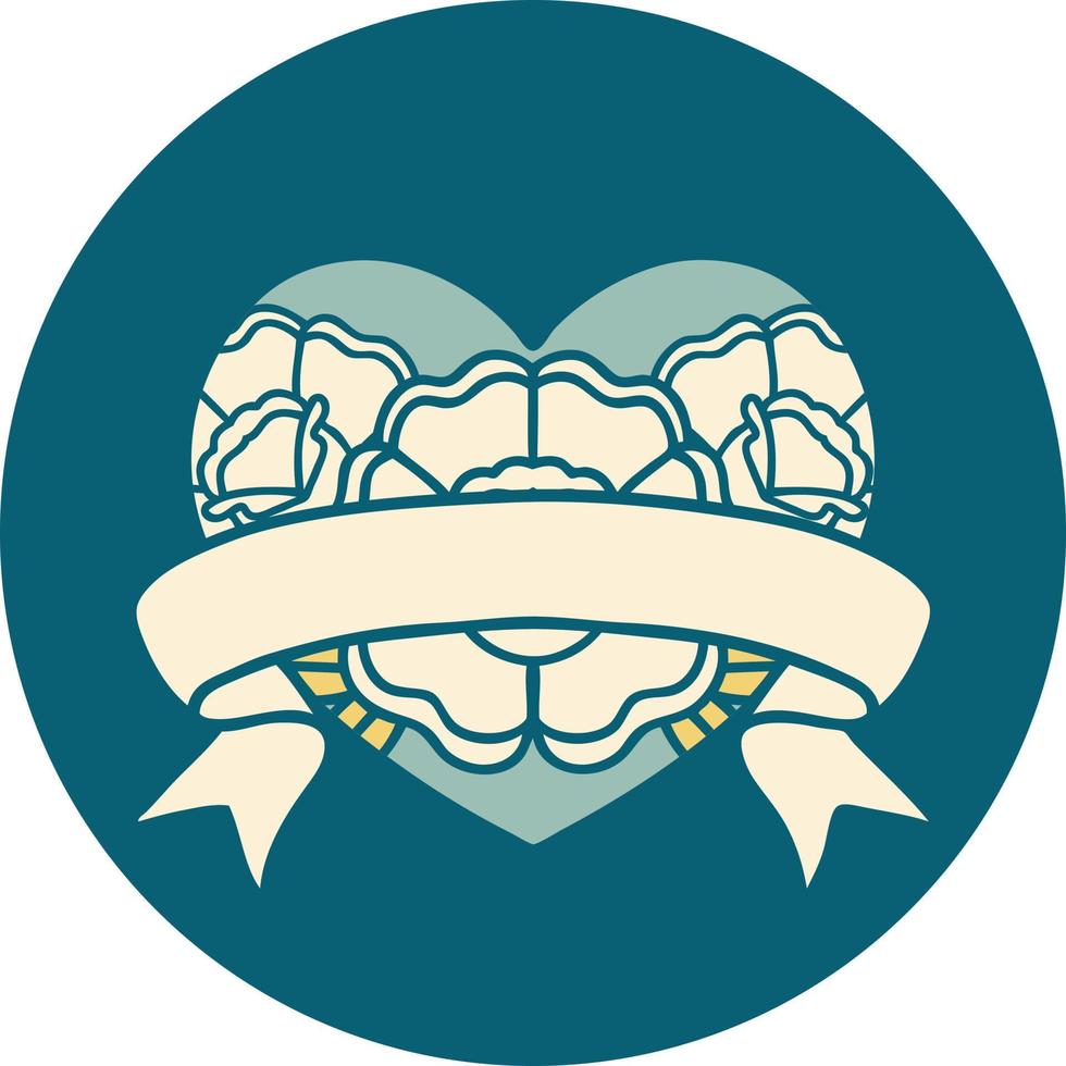iconic tattoo style image of a heart and banner with flowers vector