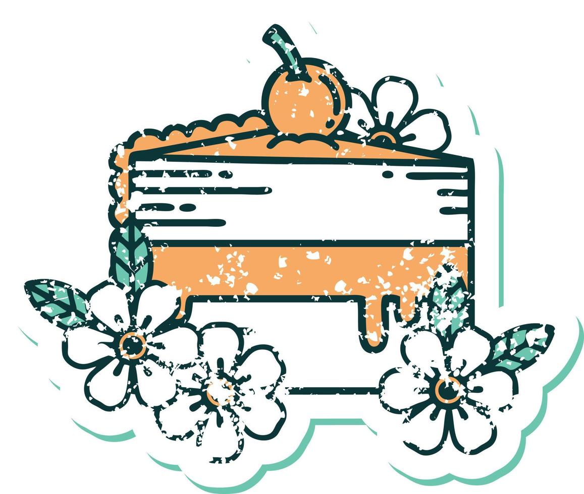 iconic distressed sticker tattoo style image of a slice of cake and flowers vector