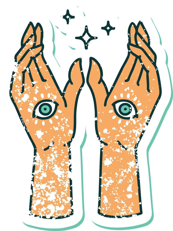 iconic distressed sticker tattoo style image of mystic hands vector