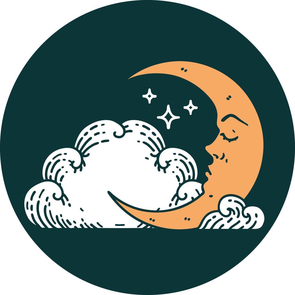 iconic tattoo style image of a crescent moon and clouds vector