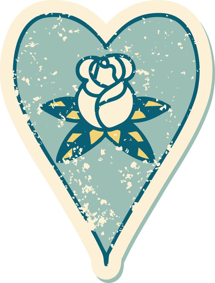 iconic distressed sticker tattoo style image of a heart and flowers vector