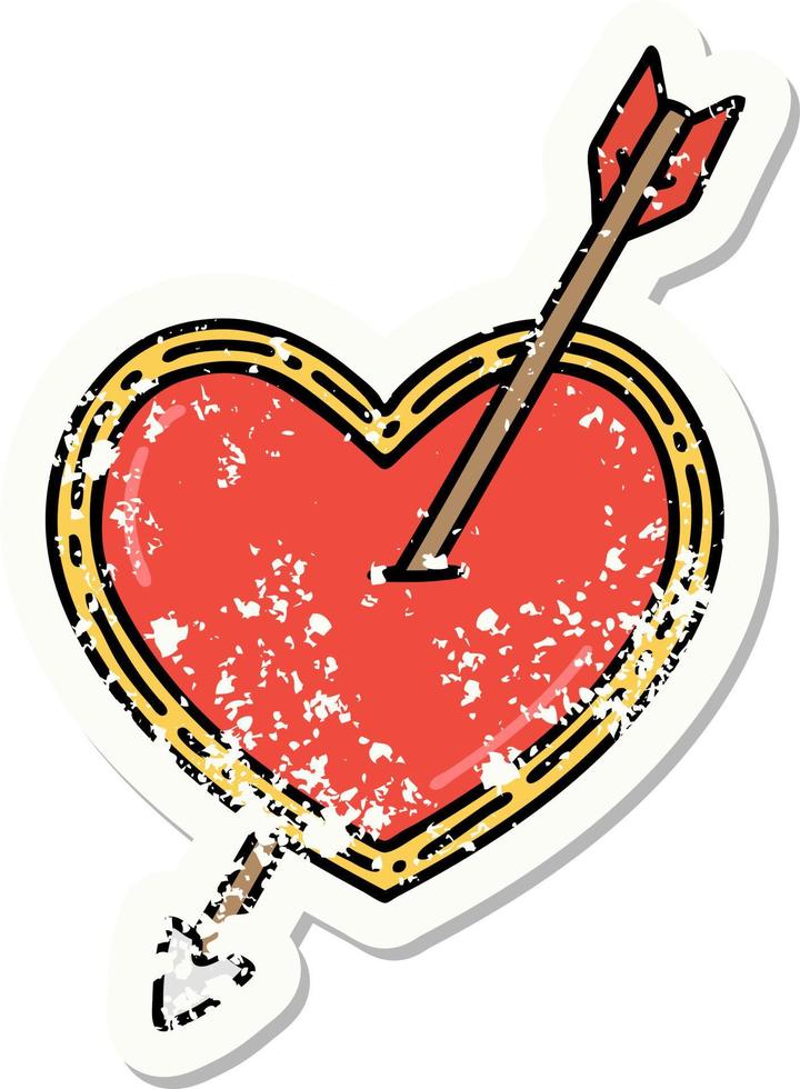 distressed sticker tattoo in traditional style of an arrow and heart vector
