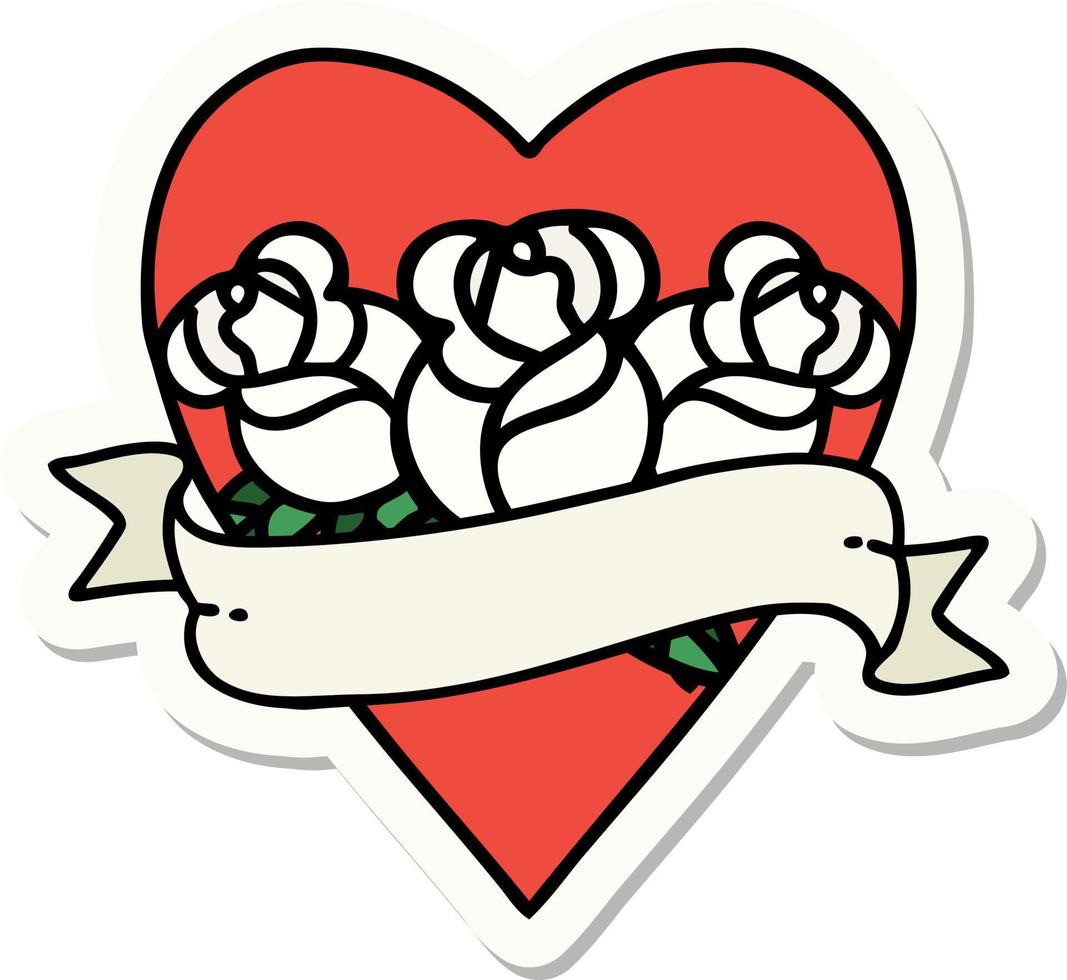 pegatina de tatuaje al estilo tradicional de un corazón y pancarta con flores vector