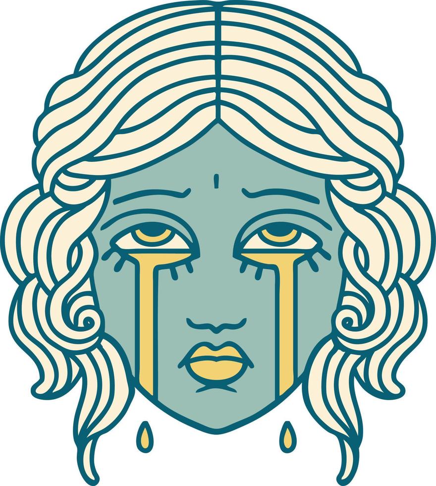 iconic tattoo style image of female face crying vector
