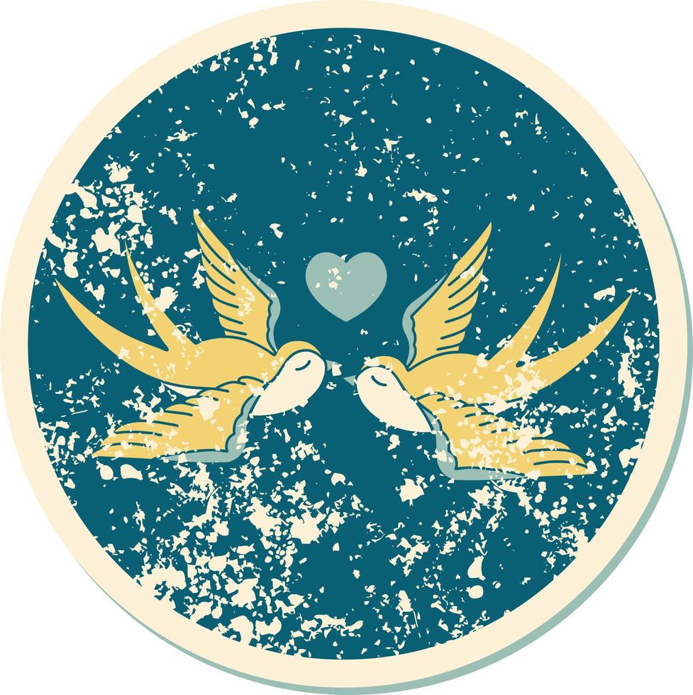 iconic distressed sticker tattoo style image of swallows and a heart vector