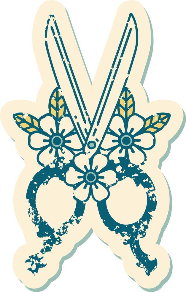 iconic distressed sticker tattoo style image of barber scissors and flowers vector