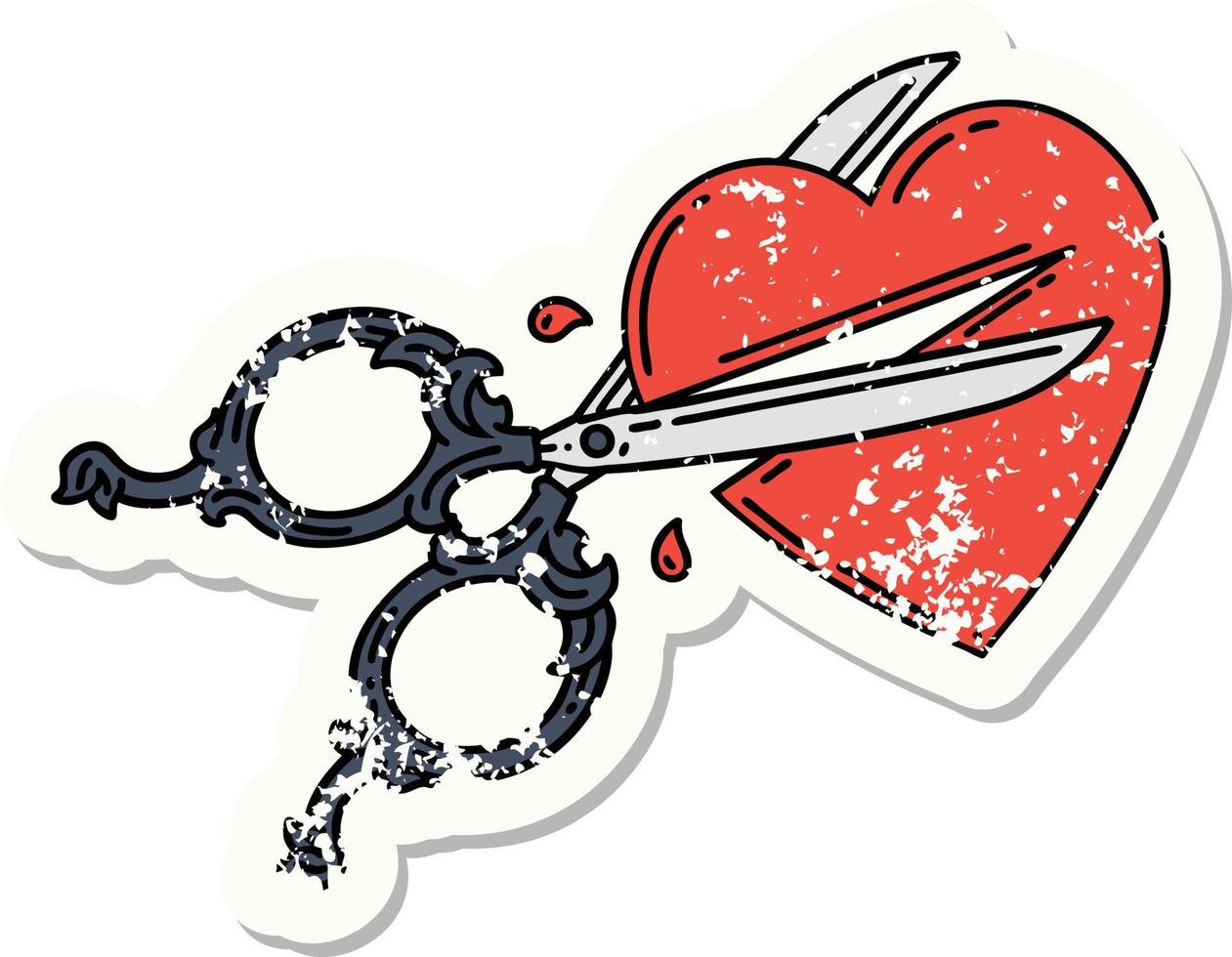 distressed sticker tattoo in traditional style of scissors cutting a heart vector