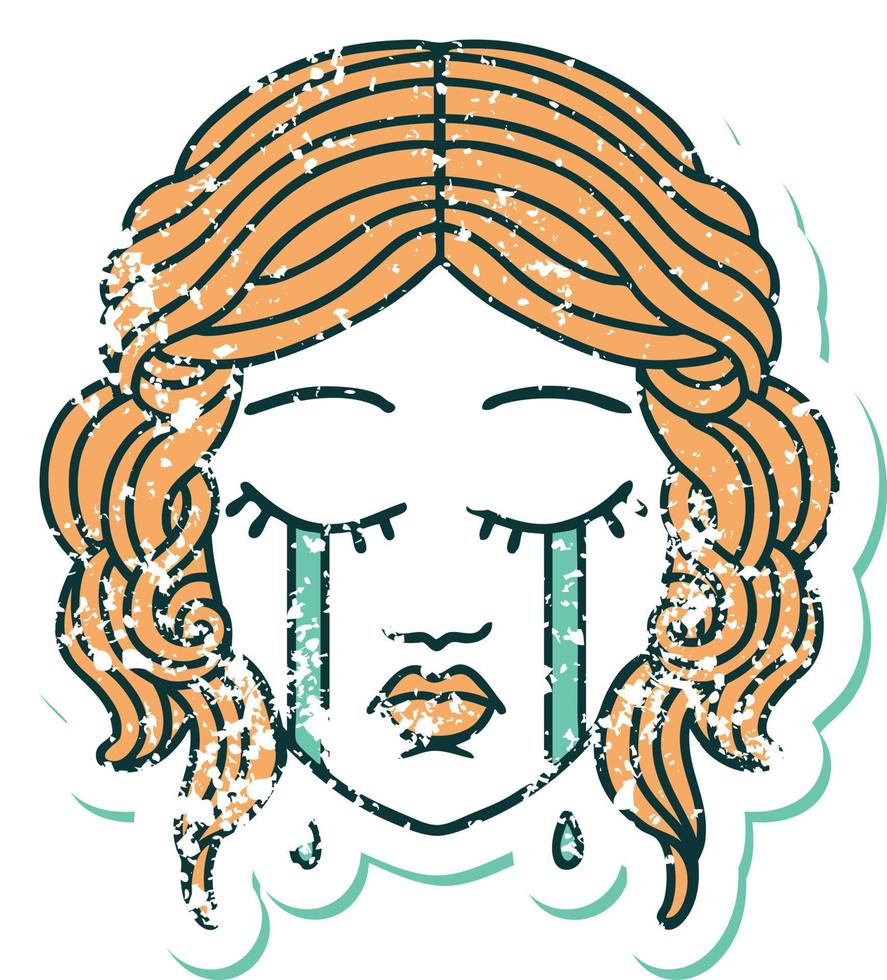 iconic distressed sticker tattoo style image of female face crying vector