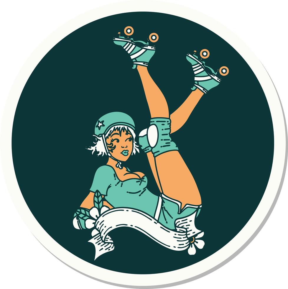 sticker of tattoo in traditional style of a pinup roller derby girl with banner vector