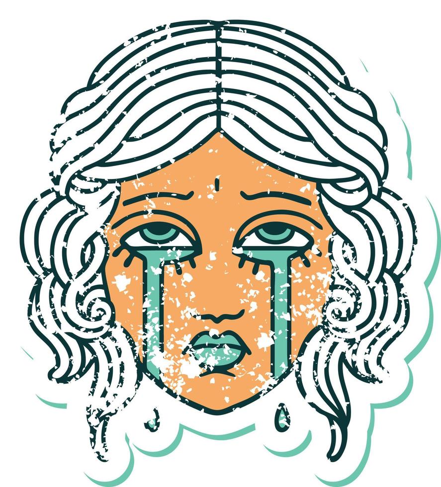 iconic distressed sticker tattoo style image of female face crying vector