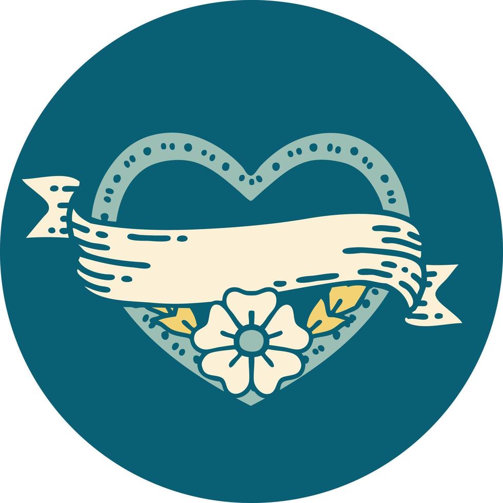 iconic tattoo style image of a heart and banner with flowers vector