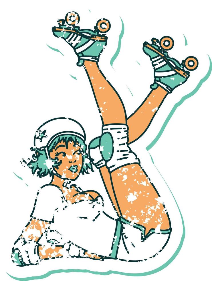 distressed sticker tattoo in traditional style of a pinup roller derby girl vector