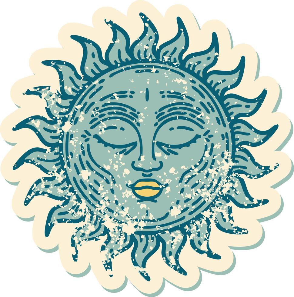 icónica pegatina angustiada estilo tatuaje imagen de un sol vector