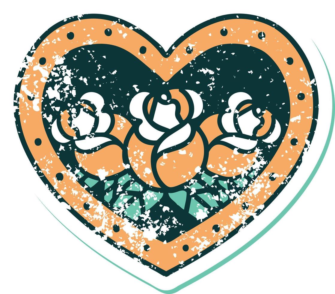 iconic distressed sticker tattoo style image of a heart and flowers vector