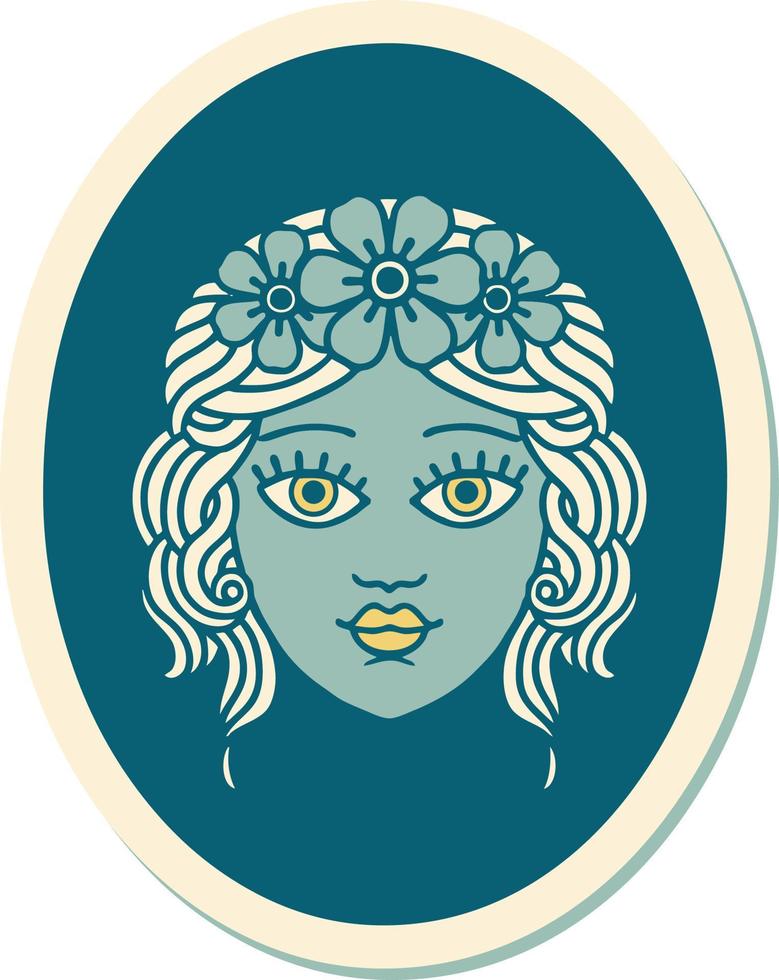 sticker of tattoo in traditional style of a maiden with crown of flowers vector