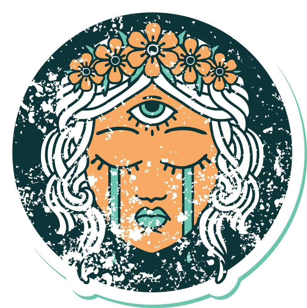 iconic distressed sticker tattoo style image of female face with mystic third eye crying vector