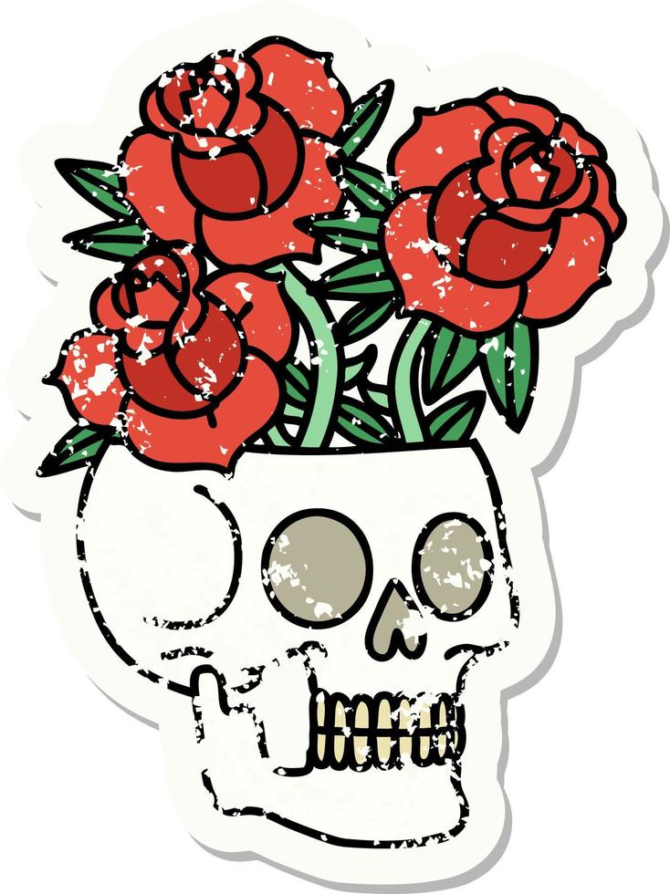 distressed sticker tattoo in traditional style of a skull and roses vector