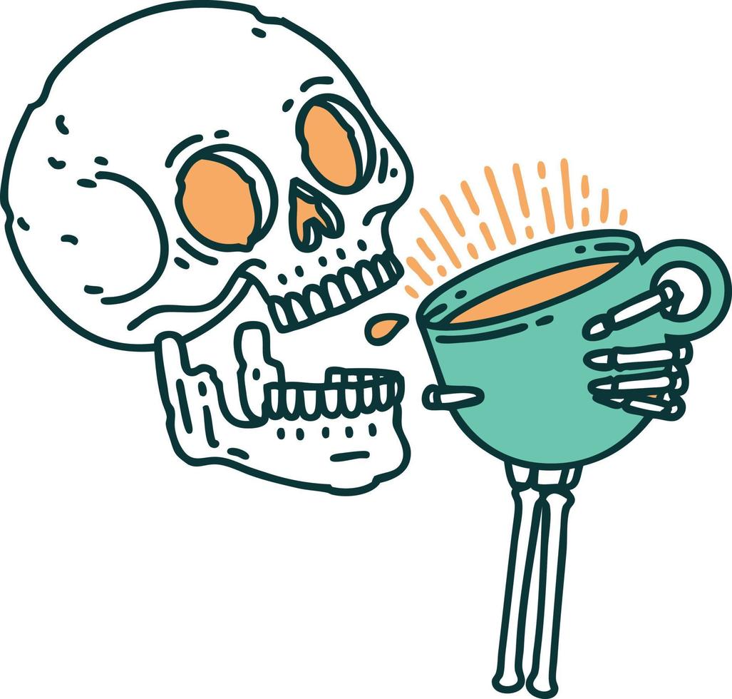 imagen icónica de estilo tatuaje de una calavera bebiendo café vector