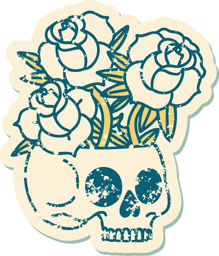 iconic distressed sticker tattoo style image of a skull and roses vector