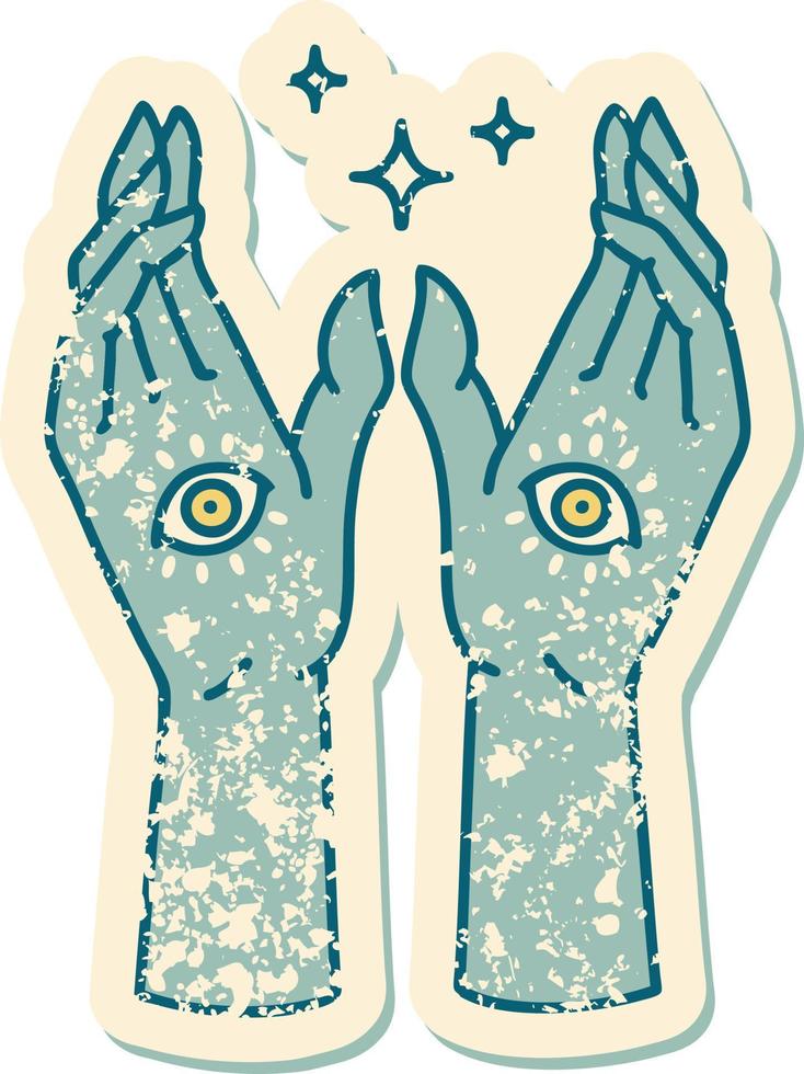iconic distressed sticker tattoo style image of mystic hands vector