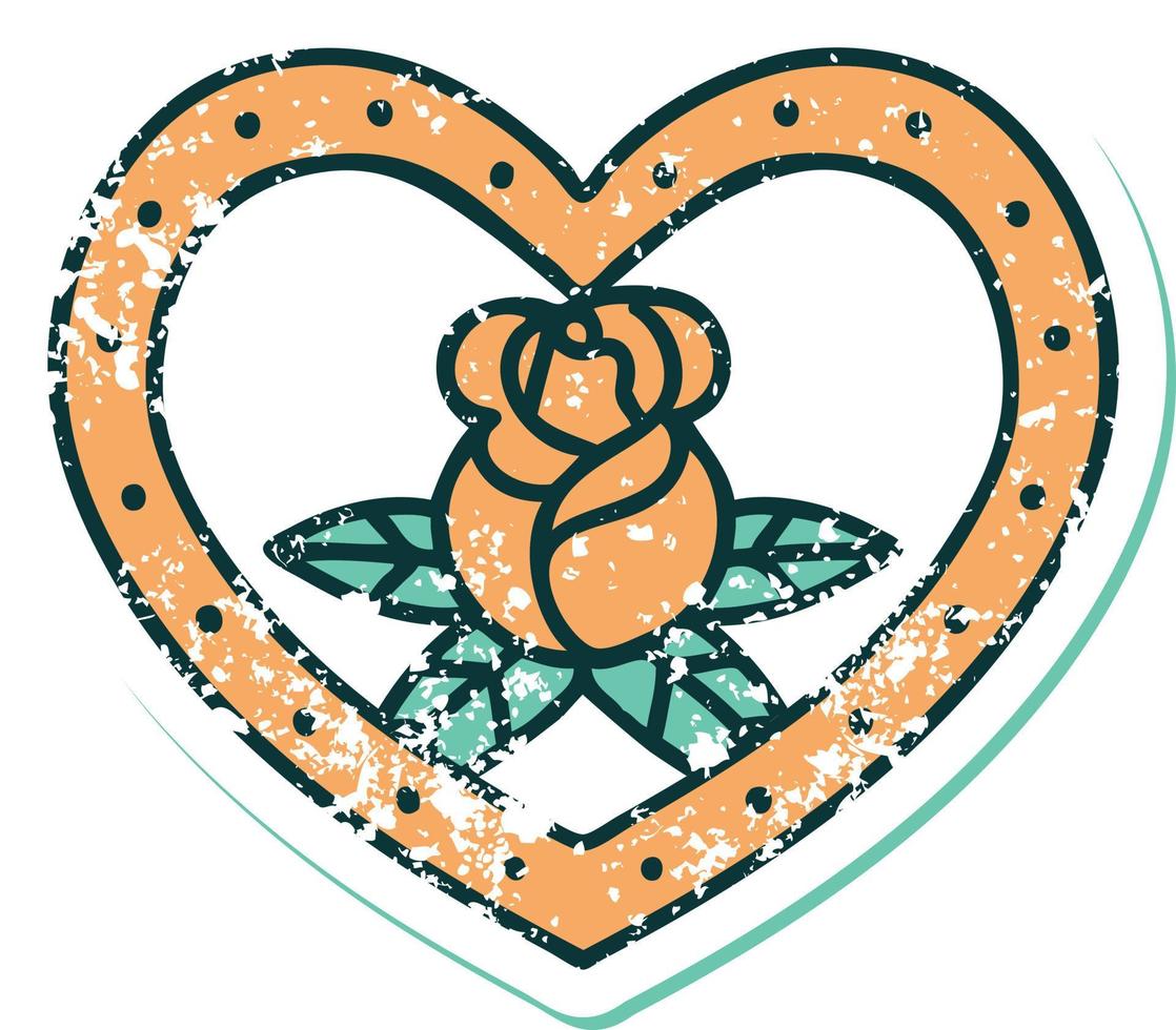 iconic distressed sticker tattoo style image of a heart and flowers vector