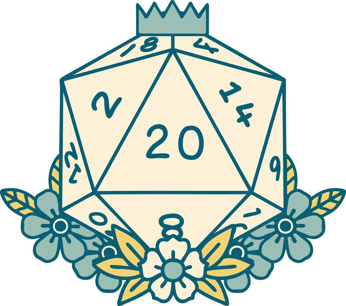 imagen icónica de estilo tatuaje de un d20 vector