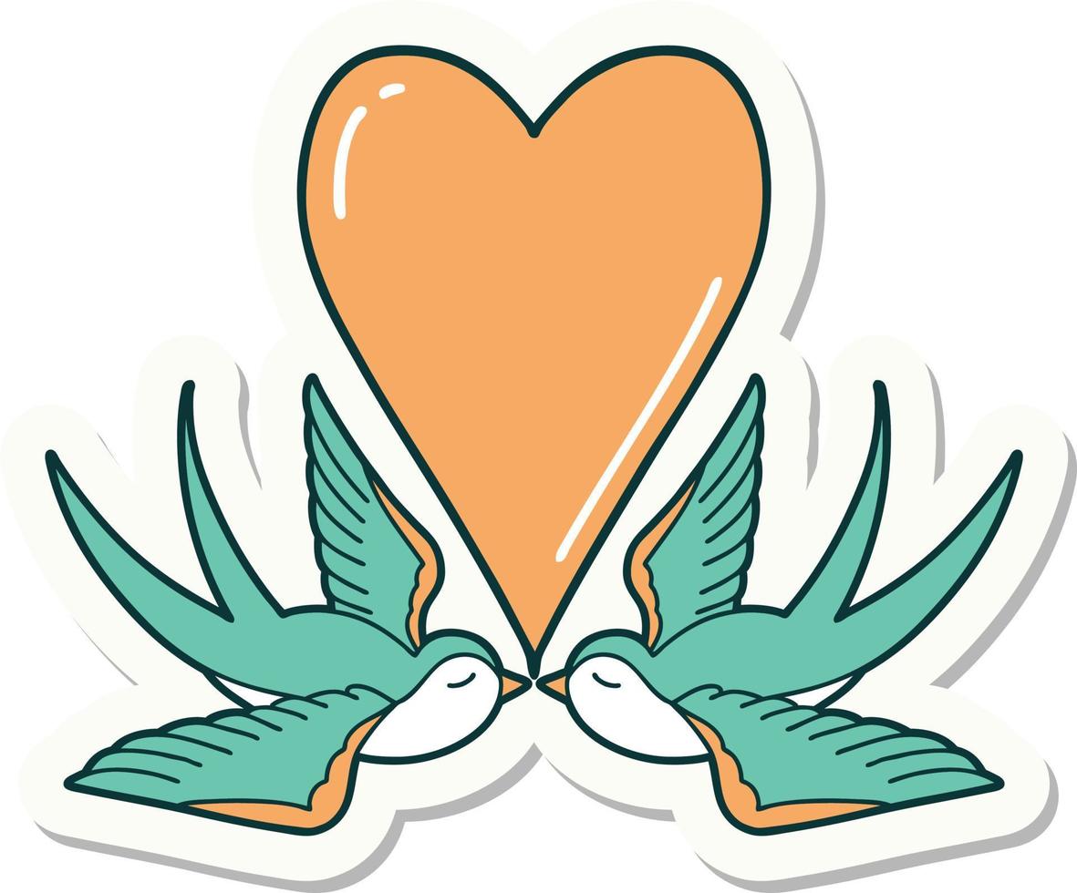 sticker of tattoo in traditional style of swallows and a heart vector