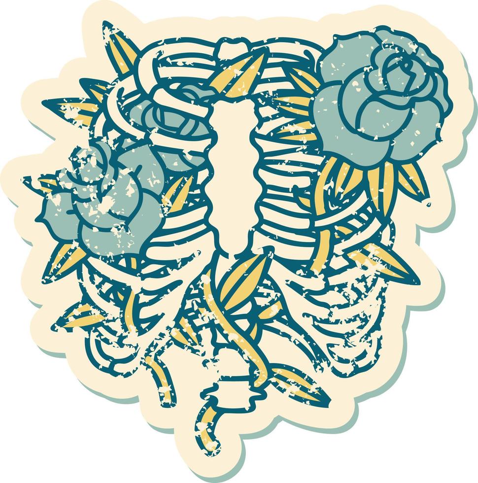 icónica imagen de estilo de tatuaje de pegatina angustiada de una caja torácica y flores vector