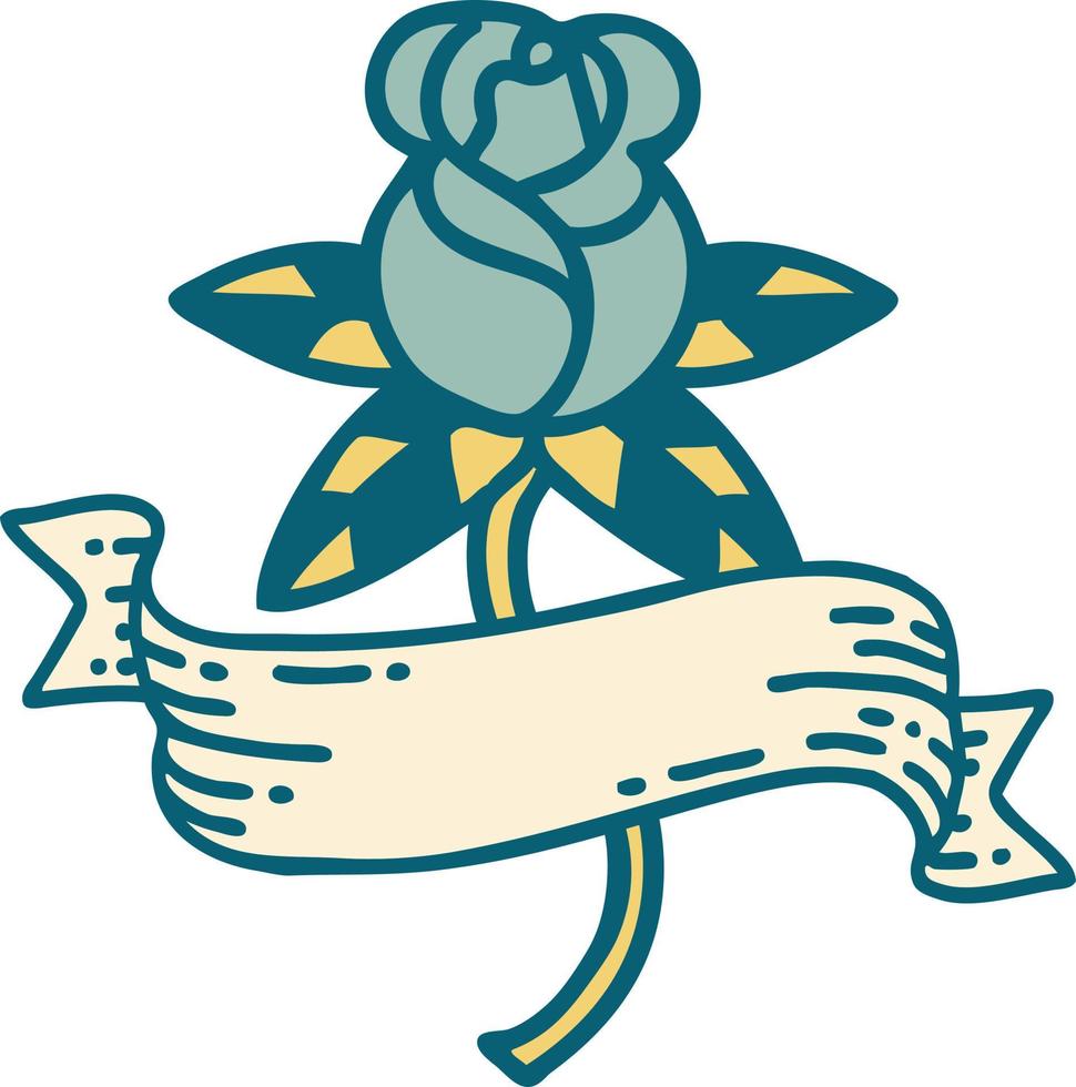 imagen icónica de estilo tatuaje de una rosa y una pancarta vector