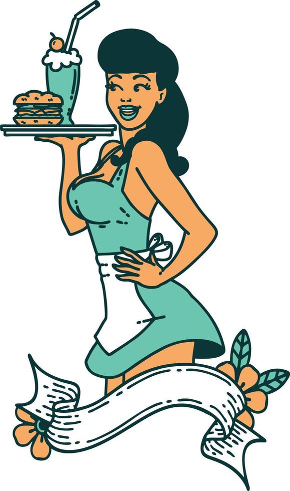 tattoo in traditional style of a pinup waitress girl with banner vector