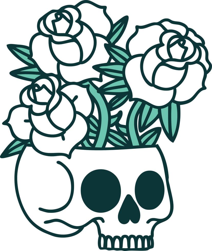 iconic tattoo style image of a skull and roses vector