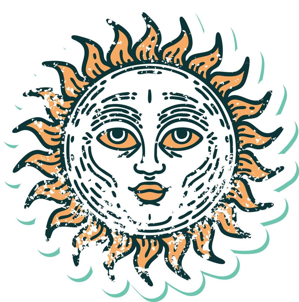 icónica imagen de estilo de tatuaje de pegatina angustiada de un sol con cara vector