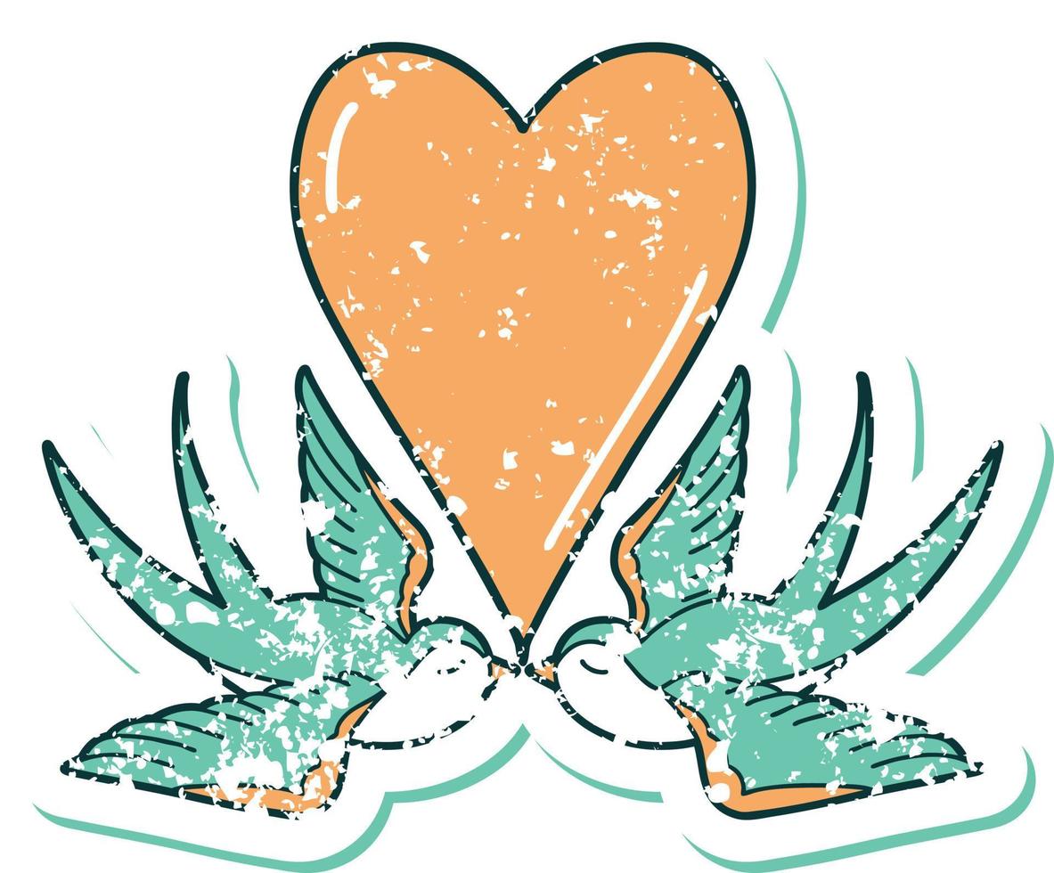 iconic distressed sticker tattoo style image of swallows and a heart vector