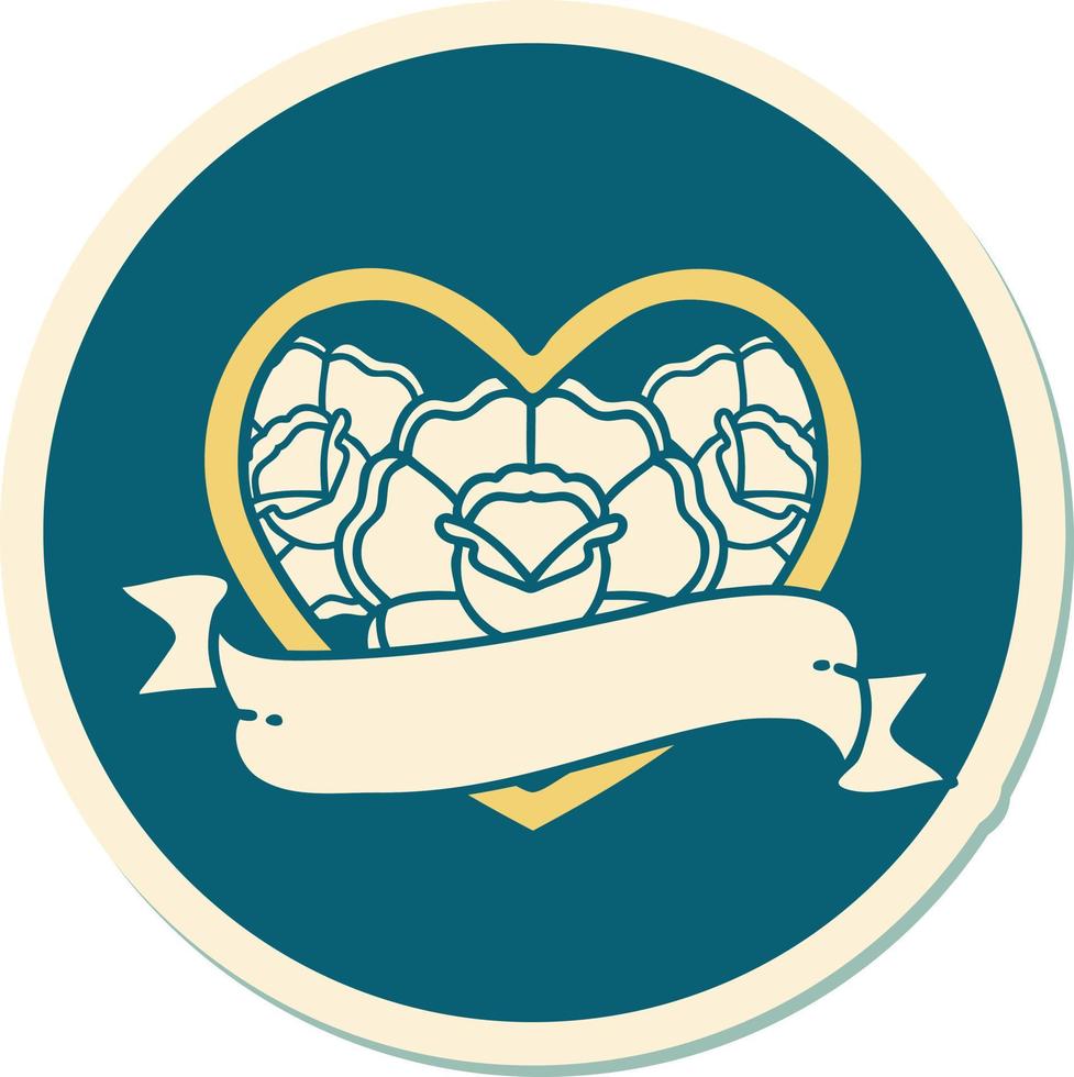 sticker of tattoo in traditional style of a heart and banner with flowers vector