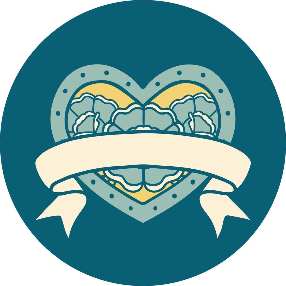 iconic tattoo style image of a heart and banner with flowers vector