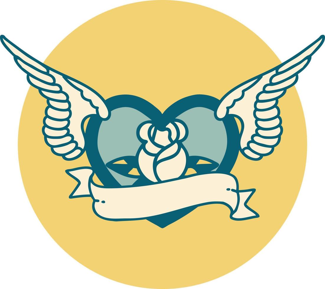 iconic tattoo style image of a flying heart with flowers and banner vector