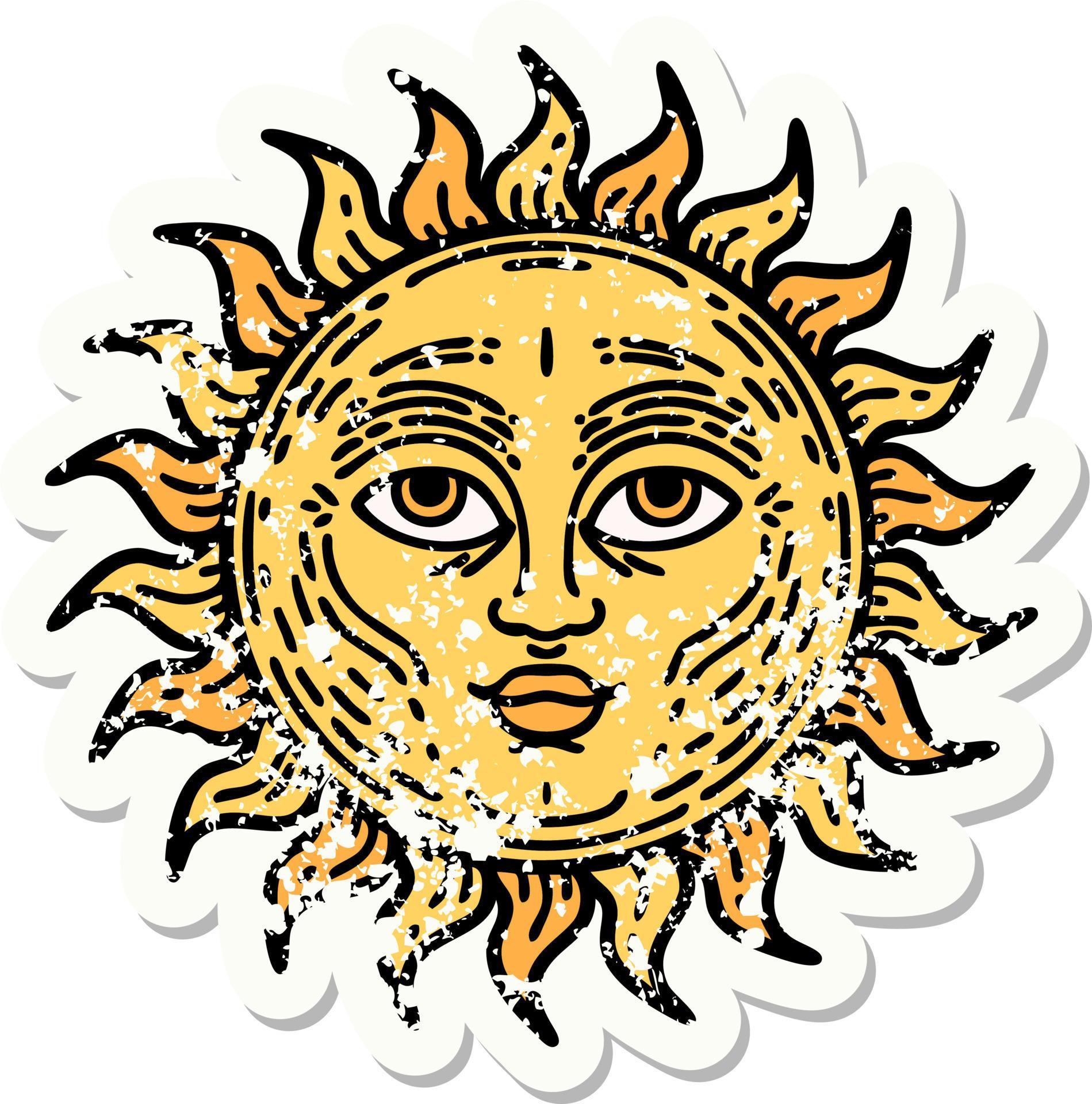 distressed sticker tattoo in traditional style of a sun with face ...