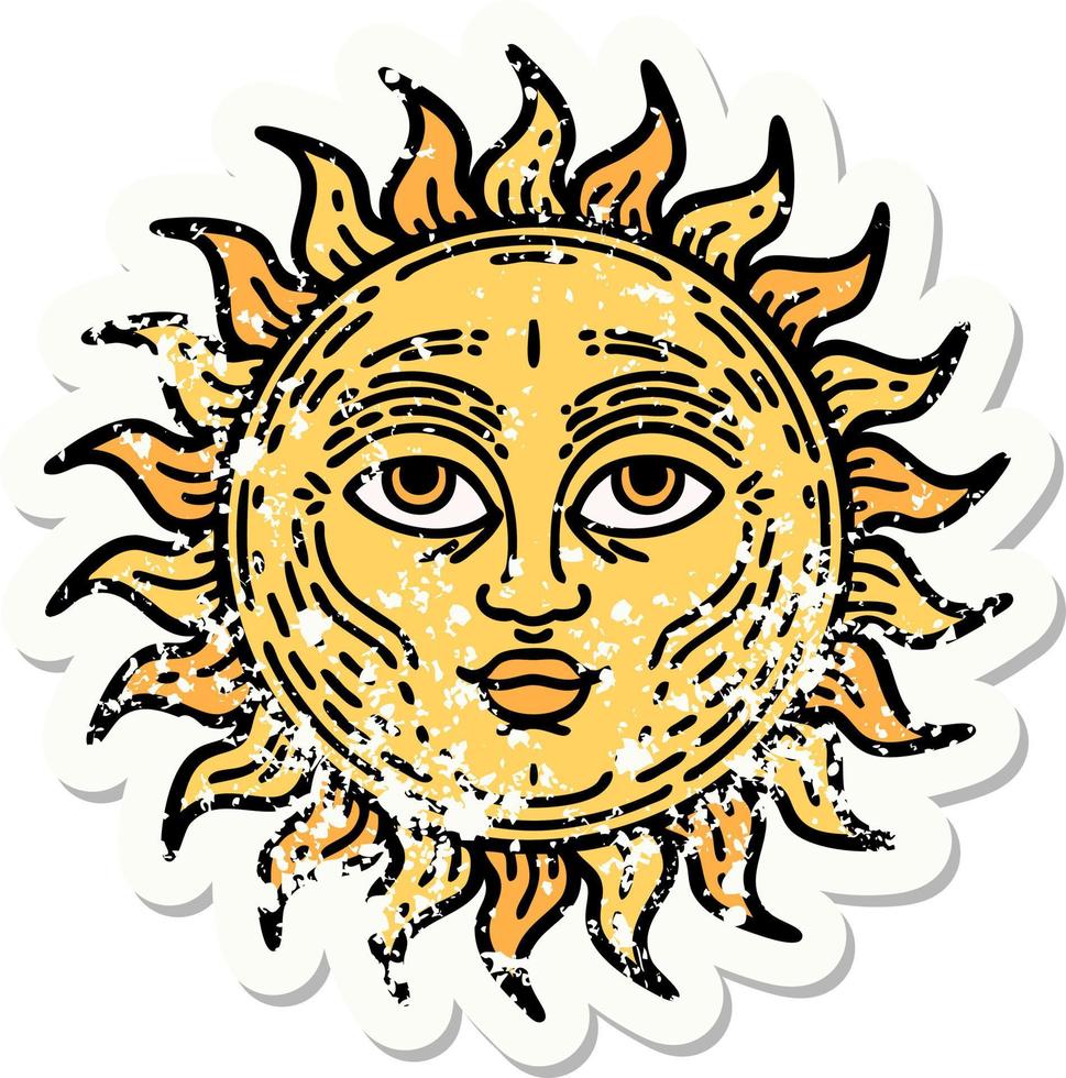 distressed sticker tattoo in traditional style of a sun with face vector