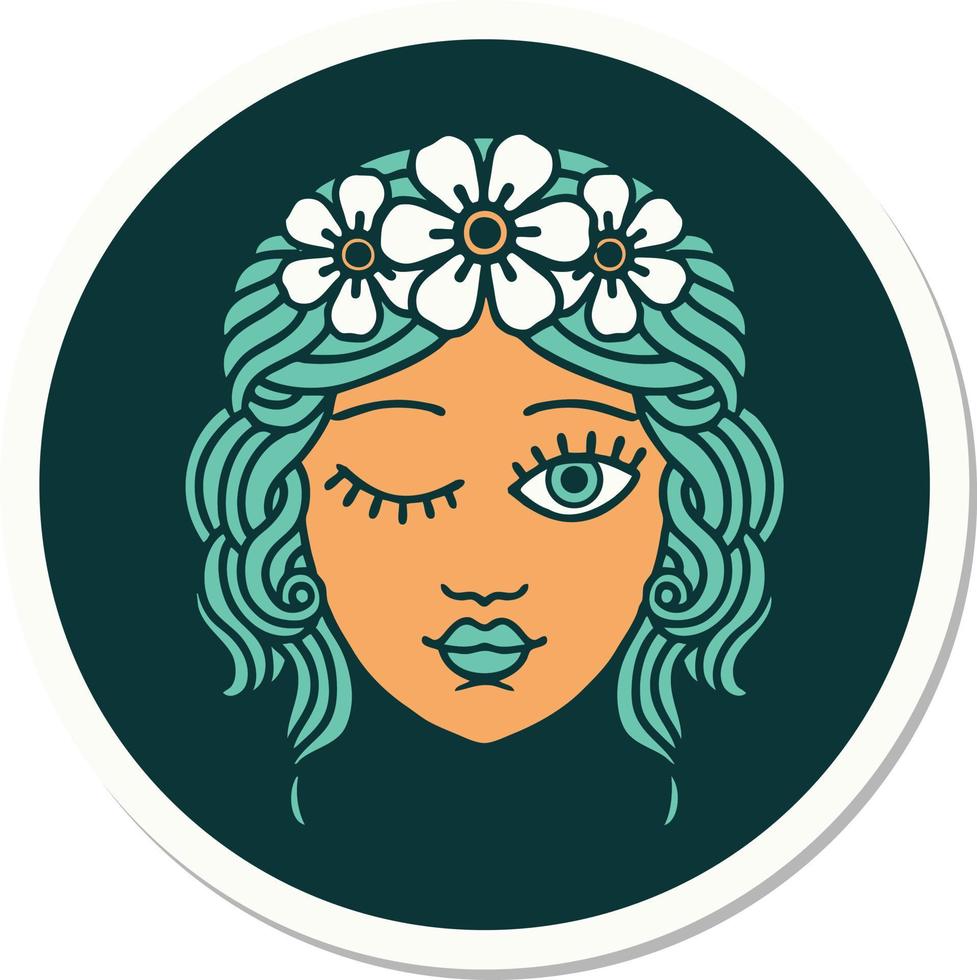 sticker of tattoo in traditional style of a maidens face winking vector