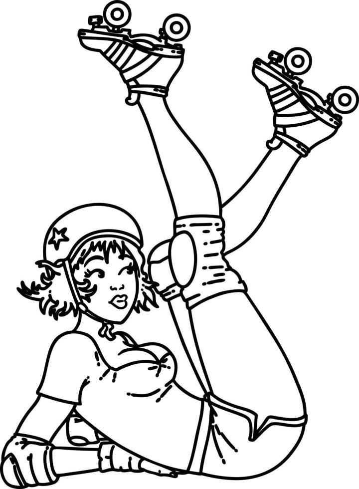 tattoo in black line style of a pinup roller derby girl vector