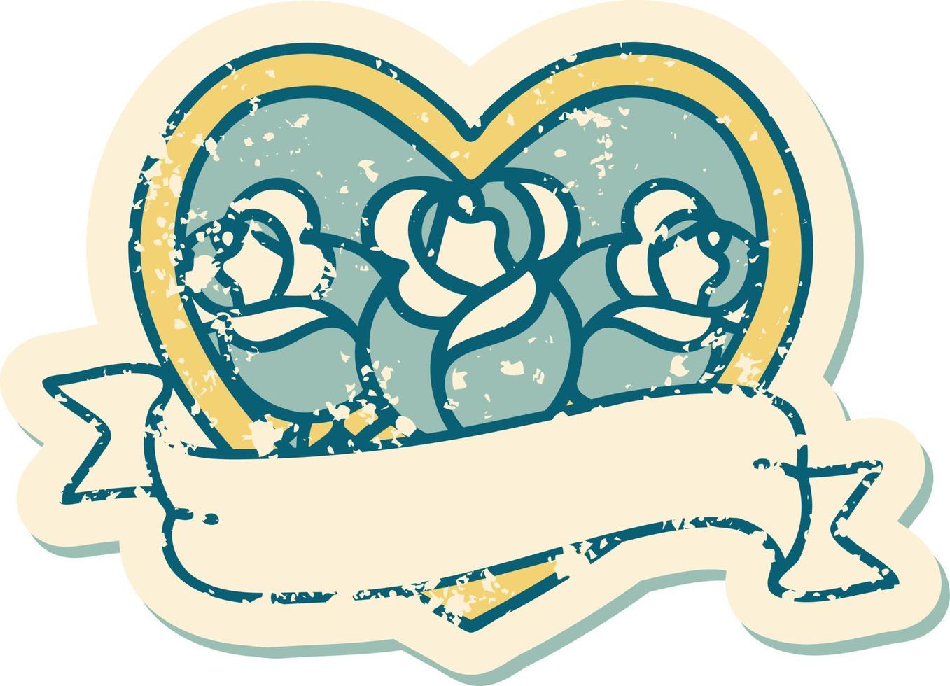 iconic distressed sticker tattoo style image of a heart and banner with flowers vector