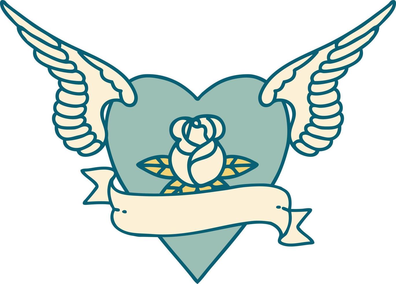 imagen icónica de estilo tatuaje de corazón con alas una rosa y pancarta vector