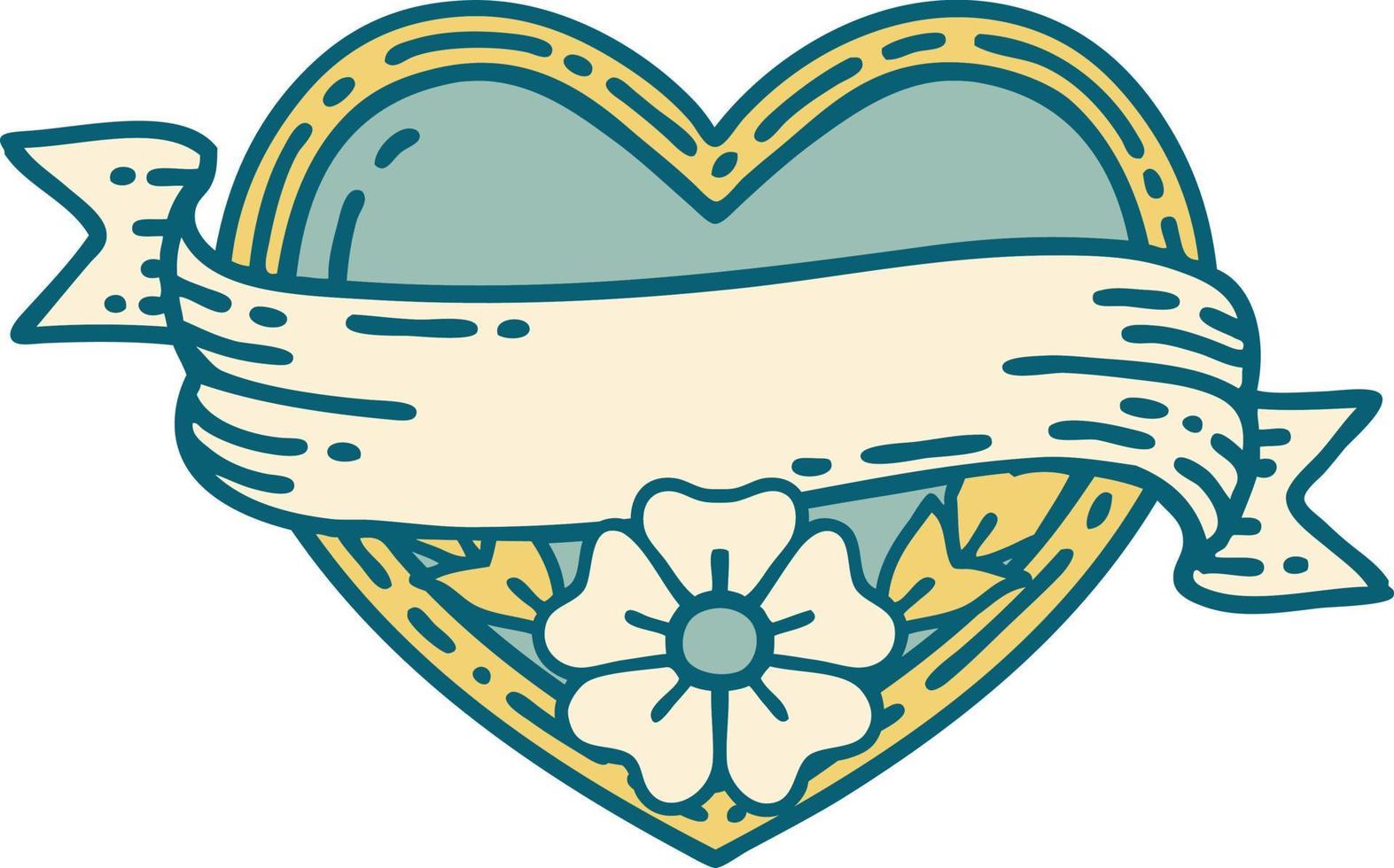 iconic tattoo style image of a heart and banner with flowers vector