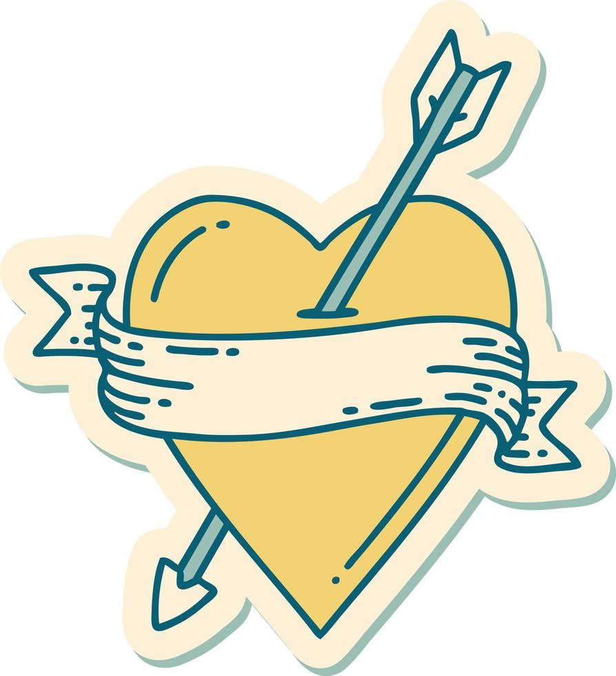 sticker of tattoo in traditional style of an arrow heart and banner vector