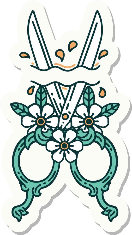 sticker of tattoo in traditional style of barber scissors and flowers vector