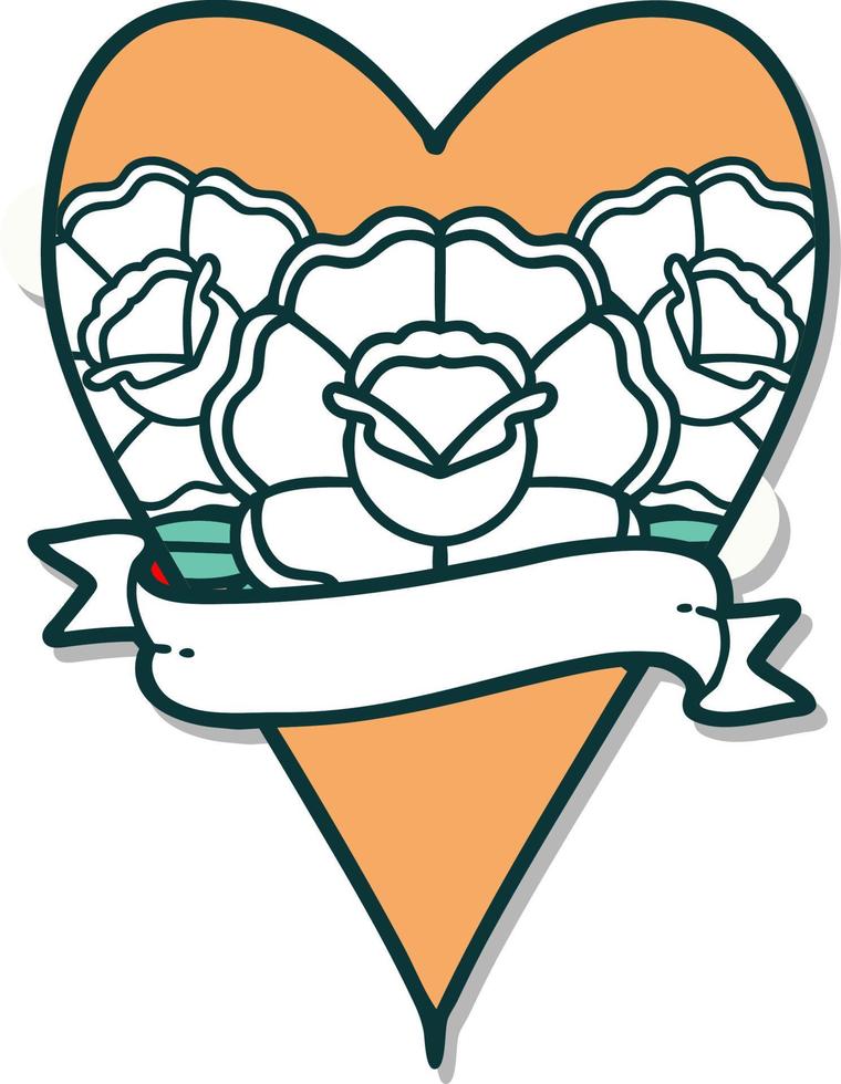 sticker of tattoo in traditional style of a heart and banner with flowers vector