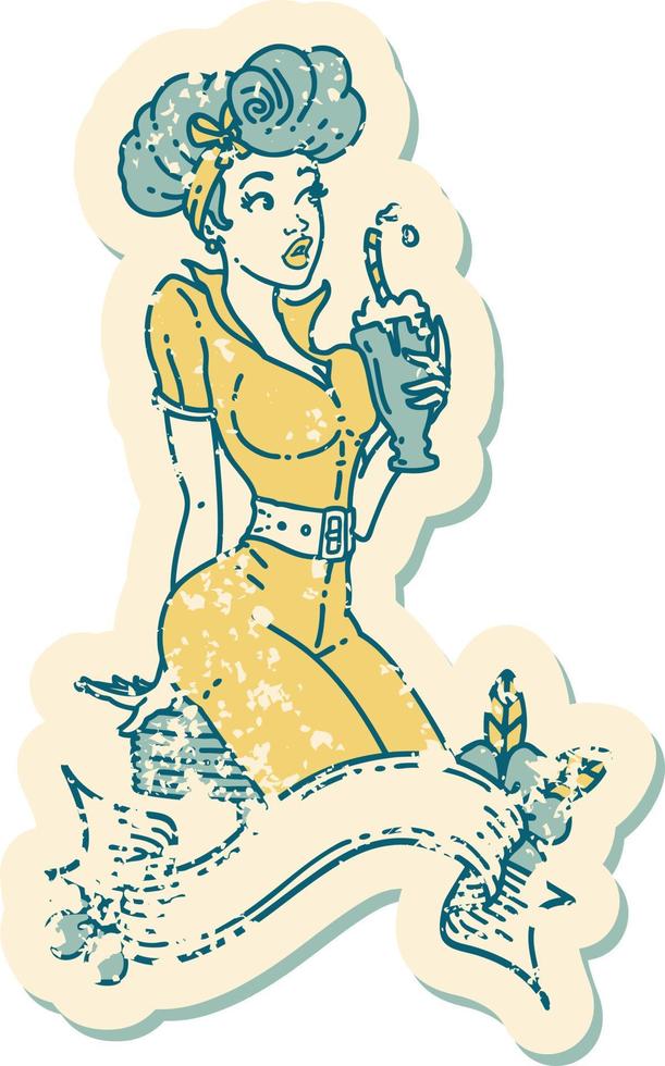 distressed sticker tattoo in traditional style of a pinup girl drinking a milkshake with banner vector