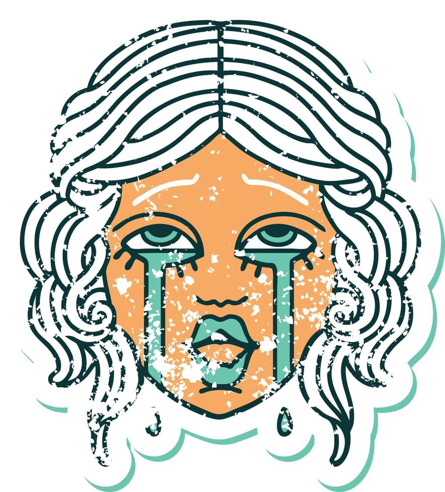 iconic distressed sticker tattoo style image of a very happy crying female face vector